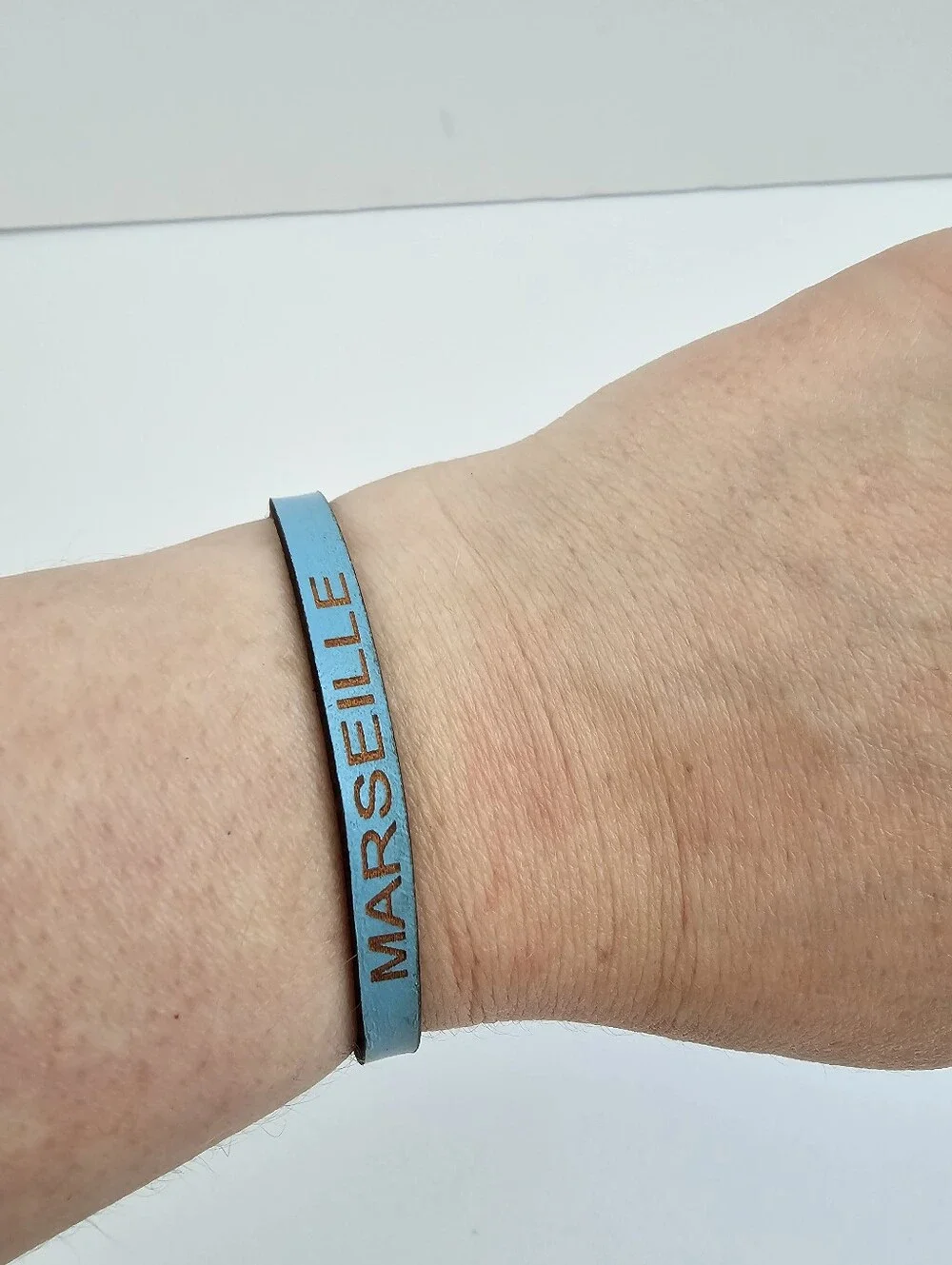 Vintage Marseille France Leather Souvenir Bracelet Blue Engraved Travel Boho